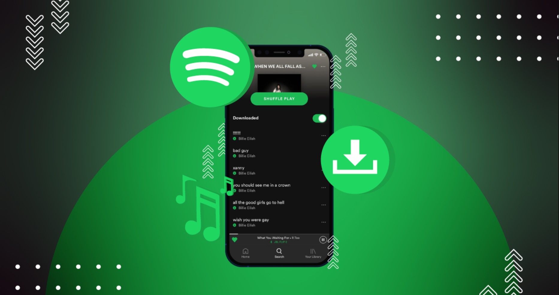 Mobile phone displaying the Spotify app interface with music playlist and download icon.