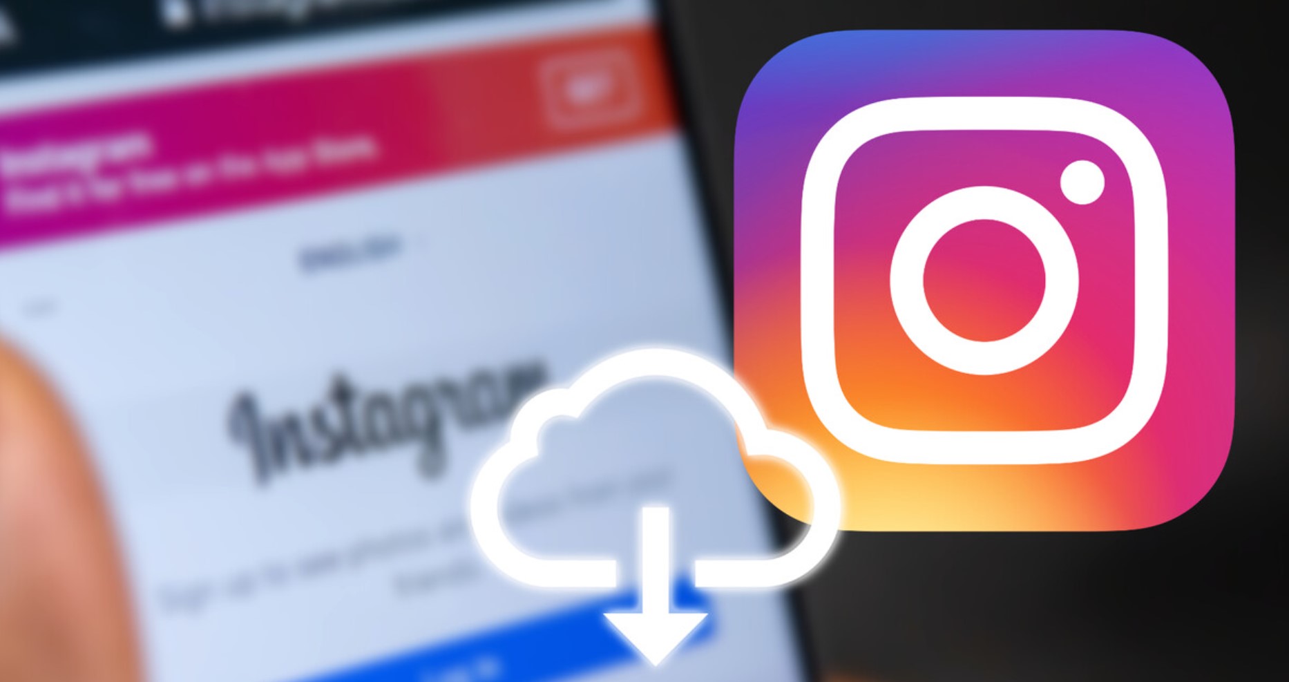 Instagram logo displayed on a mobile device with a download icon overlay.